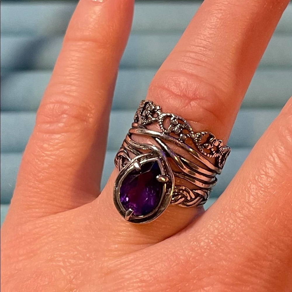 Or Paz Amethyst Teardrop Look of Stack Silver Ring